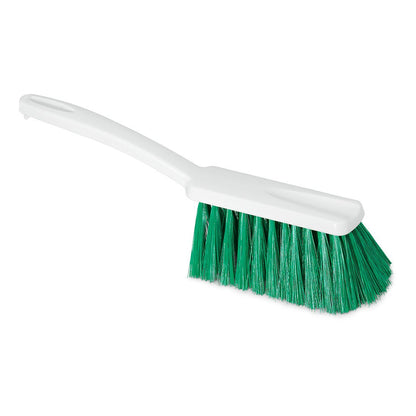 A Nölle Profi Brush HACCP hand brush with a bristle thickness of 0.25 mm from Nölle Profi Brush Bürsten- & Pinseltechnik e.K. with a white handle and green bristles is seen on a white background, the handle has a rectangular hole for hanging.