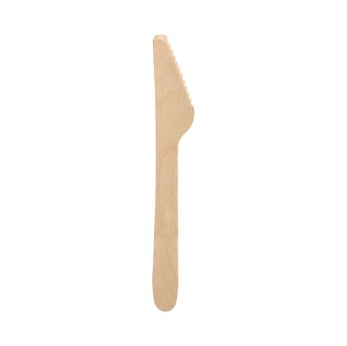 A PAPSTAR wooden knife "pure" (16.5 cm), eco-friendly and stable, with a serrated edge from PAPSTAR GmbH - depicted individually against a white background.