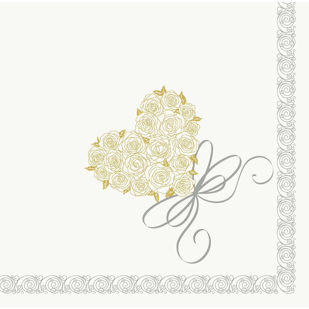 A heart of golden roses with a gray ribbon, centered on a white background with ornate gray edges - ideal for Dunisoft napkins 40 x 40 cm 1/4 fold by Duni GmbH, if you desire high-quality napkins.
