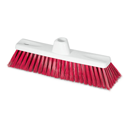 The Nölle Profi Brush HACCP fine broom 30 cm from Nölle Profi Brush Bürsten- & Pinseltechnik e.K. features bright red bristles, a white plastic base with a central hole for handle attachment - ideal for professional cleaning and HACCP applications.