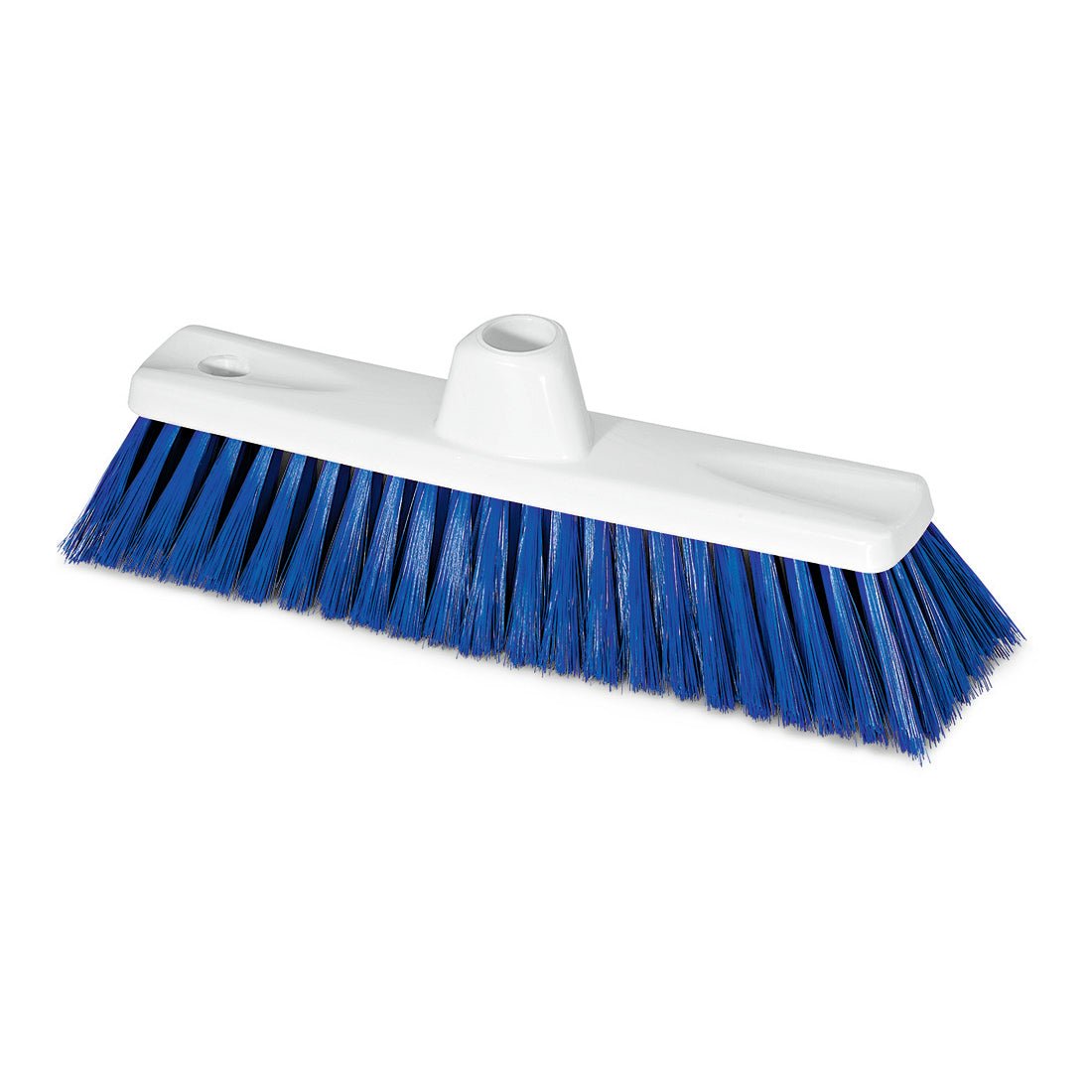 The Nölle Profi Brush HACCP fine broom 30 cm from Nölle Profi Brush Bürsten- & Pinseltechnik e.K. has blue synthetic bristles, a white plastic base, a central grip hole, and an additional smaller side hole for versatile use.