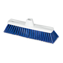 The Nölle Profi Brush HACCP fine broom 30 cm from Nölle Profi Brush Bürsten- & Pinseltechnik e.K. has blue synthetic bristles, a white plastic base, a central grip hole, and an additional smaller side hole for versatile use.