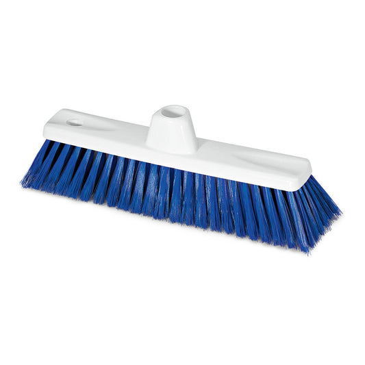 The Nölle Profi Brush HACCP fine broom 30 cm from Nölle Profi Brush Bürsten- & Pinseltechnik e.K. has blue synthetic bristles, a white plastic base, a central grip hole, and an additional smaller side hole for versatile use.