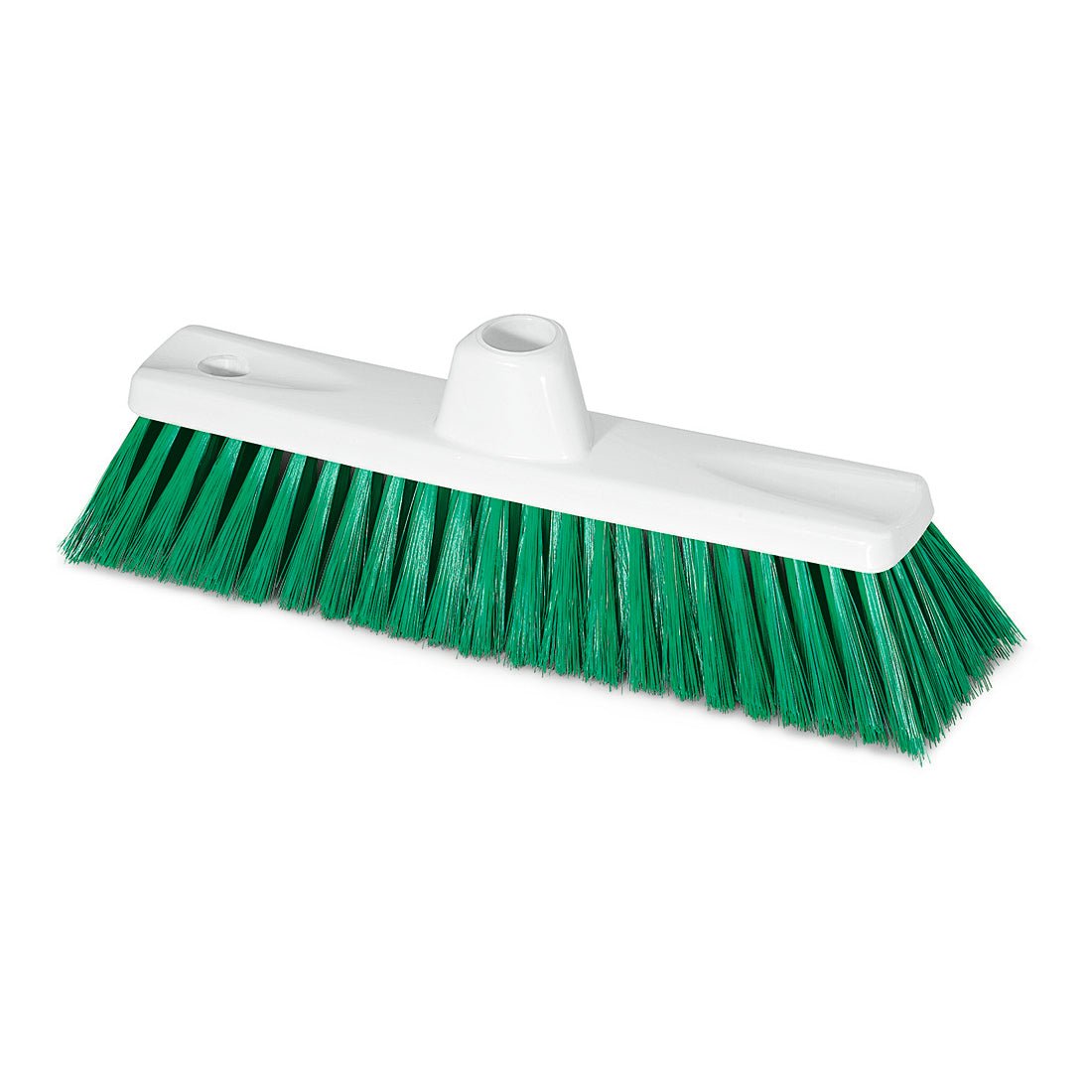 The Nölle Profi Brush HACCP fine broom 30 cm from Nölle Profi Brush Bürsten- & Pinseltechnik e.K. is a white plastic broom with green plastic bristles, shown without a handle on a white background.