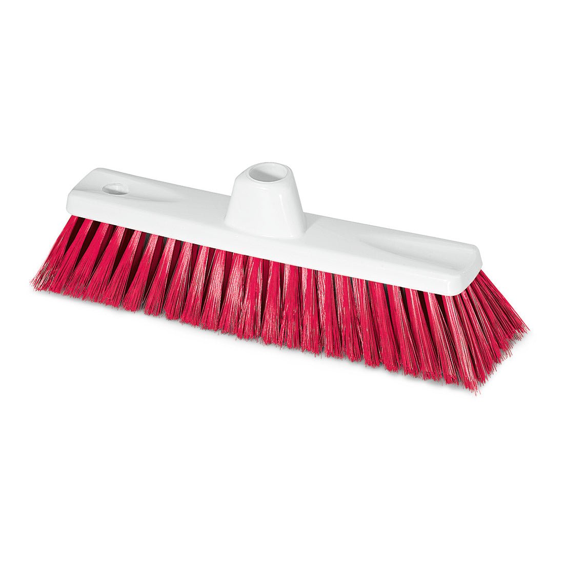 The Nölle Profi Brush HACCP fine broom 30 cm from Nölle Profi Brush Bürsten- & Pinseltechnik e.K. has a white plastic head, bright red, stiff, outward-angled 0.50 mm bristles, a central hole for handle attachment, and a hanging hole at one end.