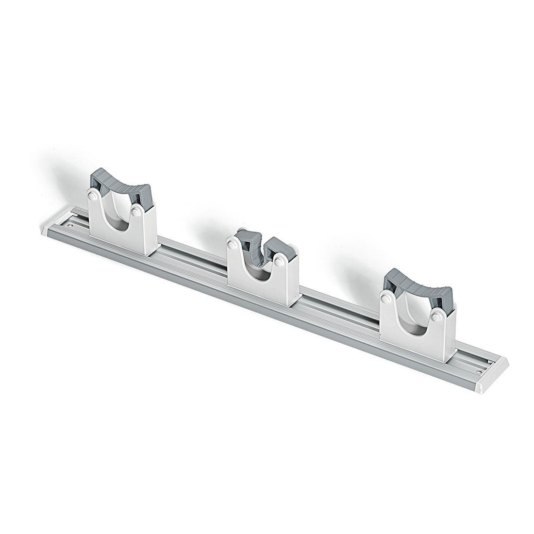 The Nölle Profi Brush HACCP device rail with 3 clamp holders (Ø 20-30 mm) from Nölle Profi Brush Bürsten- & Pinseltechnik e.K. is ideal for safe, organized wall storage of brooms, mops, and cleaning devices.