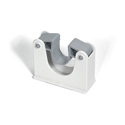 The Nölle Profi Brush HACCP clamp holder for equipment rail by Nölle Profi Brush Brush & Paint Technology e.K. is a white-gray plastic holder with snap clamps for holding pipes, ideal for hygiene-sensitive areas, depicted on a white background.