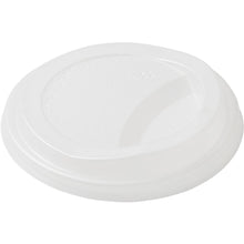 The CPLA lid for 159707 White CPLA from Duni GmbH is a white disposable coffee cup lid with a raised rim, oval drinking slot, and embossed warning about hot contents. Delivered in packs of 50 - perfect for sustainable lid solutions.