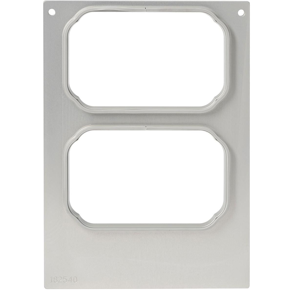 The cassette DF10/20 for CPET trays 370 ml (2-use) from Duni GmbH is a rectangular metal plate with two vertically aligned, rounded cutouts, small holes in the upper corner, and the engraving "182540" in the lower left corner.