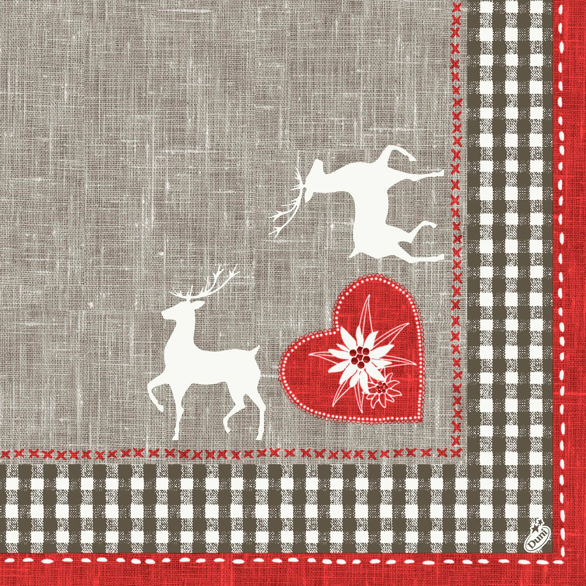 A fabric design with two white deer, a red heart with a flower, and a brown-white gingham border - a linen-look pattern, perfect for Dunisoft napkins 40 x 40 cm 1/4 fold by Duni GmbH.