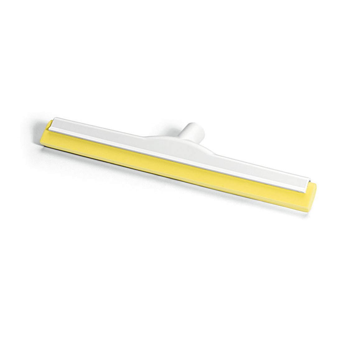 The Nölle Profi Brush HACCP water squeegee features a flat, wide hygiene rubber blade, fiberglass reinforcement, and a central handle attachment (German thread), depicted in yellow and white on a white background.