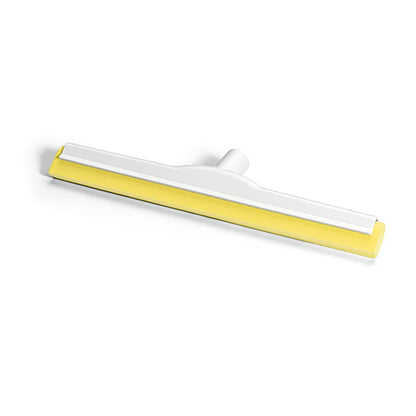 The Nölle Profi Brush HACCP water squeegee features a flat, wide hygiene rubber blade, fiberglass reinforcement, and a central handle attachment (German thread), depicted in yellow and white on a white background.