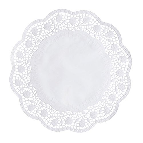 The PAPSTAR doilies round Ø 33 cm, white from PAPSTAR GmbH is a round, white doily with a solid-colored center and scalloped edge, ideal for cakes; in an 8-pack.