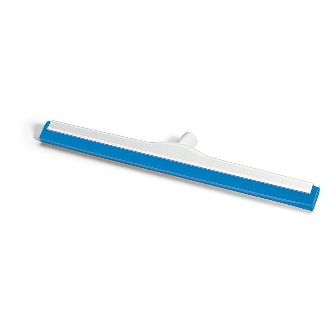A blue-white Nölle Profi Brush HACCP water squeegee with a long hygiene rubber blade, fiberglass-reinforced, central handle attachment (German thread), from Nölle Profi Brush Bürsten- & Pinseltechnik e.K., depicted on white.