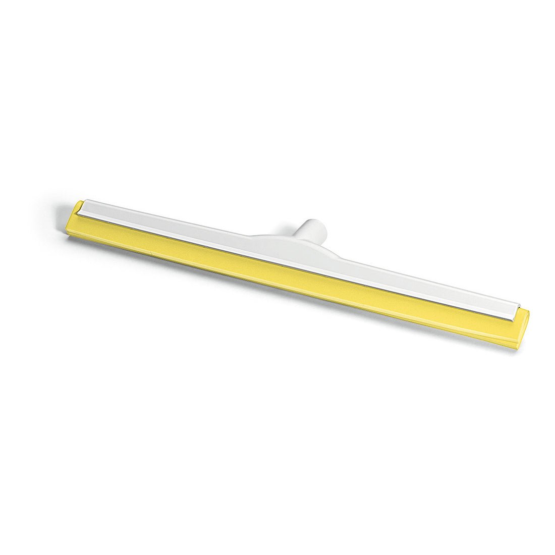 The Nölle Profi Brush HACCP water squeegee has a yellow-white, straight blade made of fiberglass-reinforced hygiene rubber with a central attachment (German thread). Depicted on a white background. From Nölle Profi Brush Bürsten- & Pinseltechnik e.K.