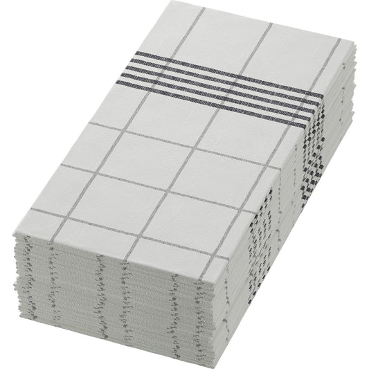 A stack of Dunisoft napkins 48 x 48 cm 1/8 book fold towels from Duni GmbH in white, with a checkered and striped black line on one edge, adds high-quality elegance and style to any set table.