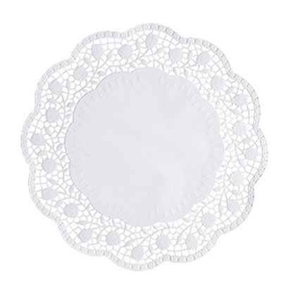 The PAPSTAR 250 round white doilies from PAPSTAR GmbH are round, white doilies with a solid center and intricate lace edge – ideal for elegantly presenting cakes.