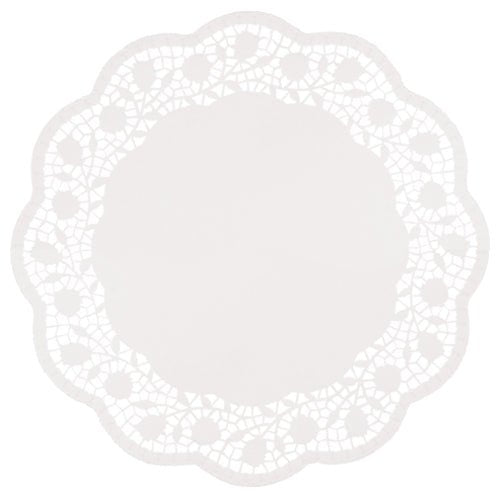 The PAPSTAR 250 round white doilies from PAPSTAR GmbH are round white doilies with a scalloped edge and intricate lace-like pattern, ideal for stylish cake presentations and doilies.