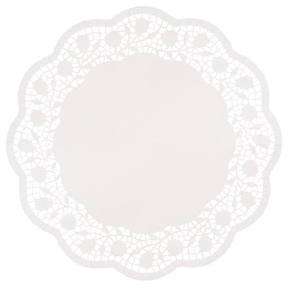 The PAPSTAR 250 round white doilies from PAPSTAR GmbH are round white doilies with a scalloped edge and intricate lace-like pattern, ideal for stylish cake presentations and doilies.