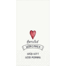 A red textured heart tops "heartfelt welcome", "GREETINGS GOD" and "GOOD MORNING" on a white Duni GmbH tissue 33x33 cm, 2-ply, Heartfelt Welcome (300 napkins), ideal as welcome napkins for special occasions.