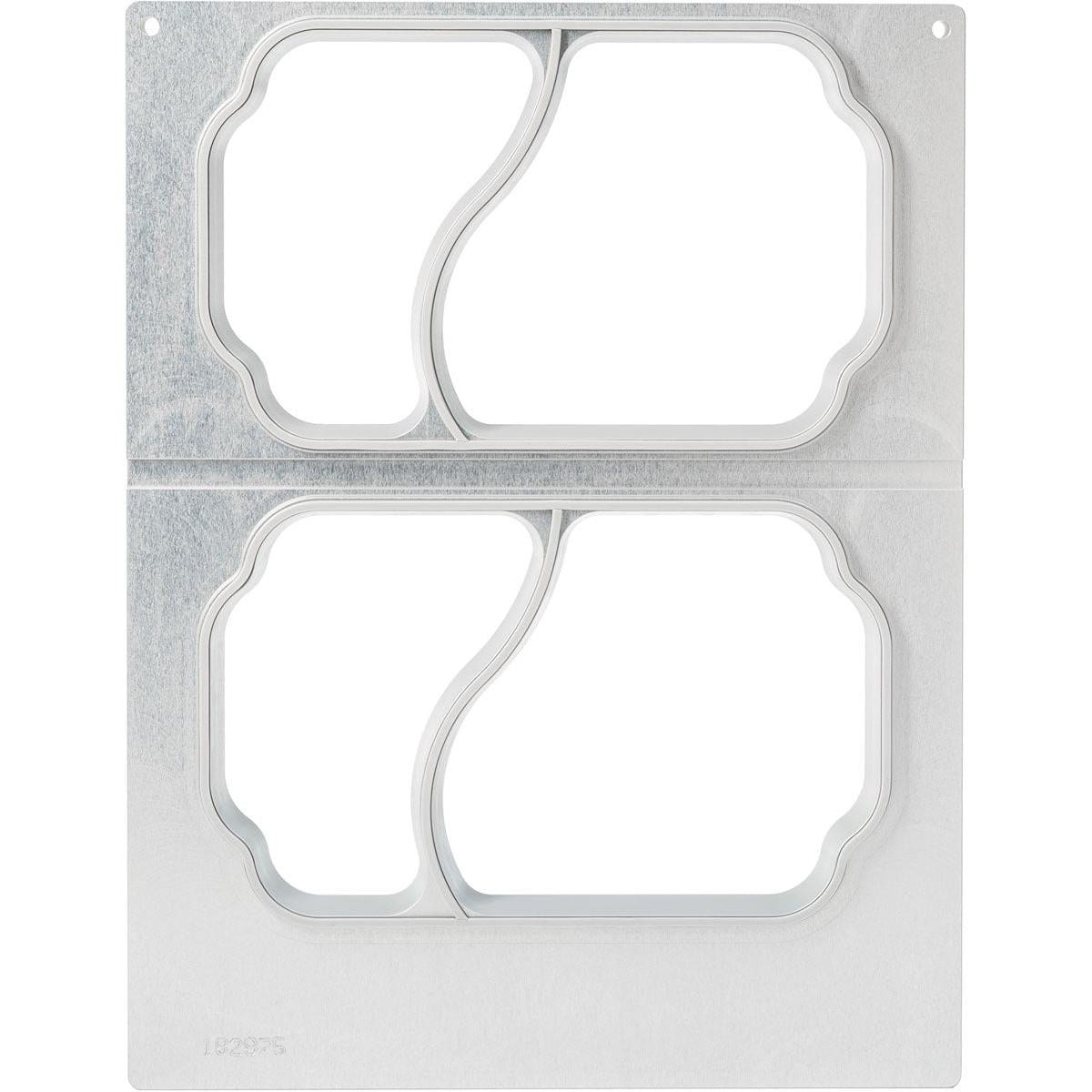 The metal stamping die from Duni GmbH for the cassette DF15/25 2-comp. for PP tray Take Away 700/400 ml (2-use) features two rectangular frames with curved partition bars and wavy edges, ideal for packaging needs in the catering industry.