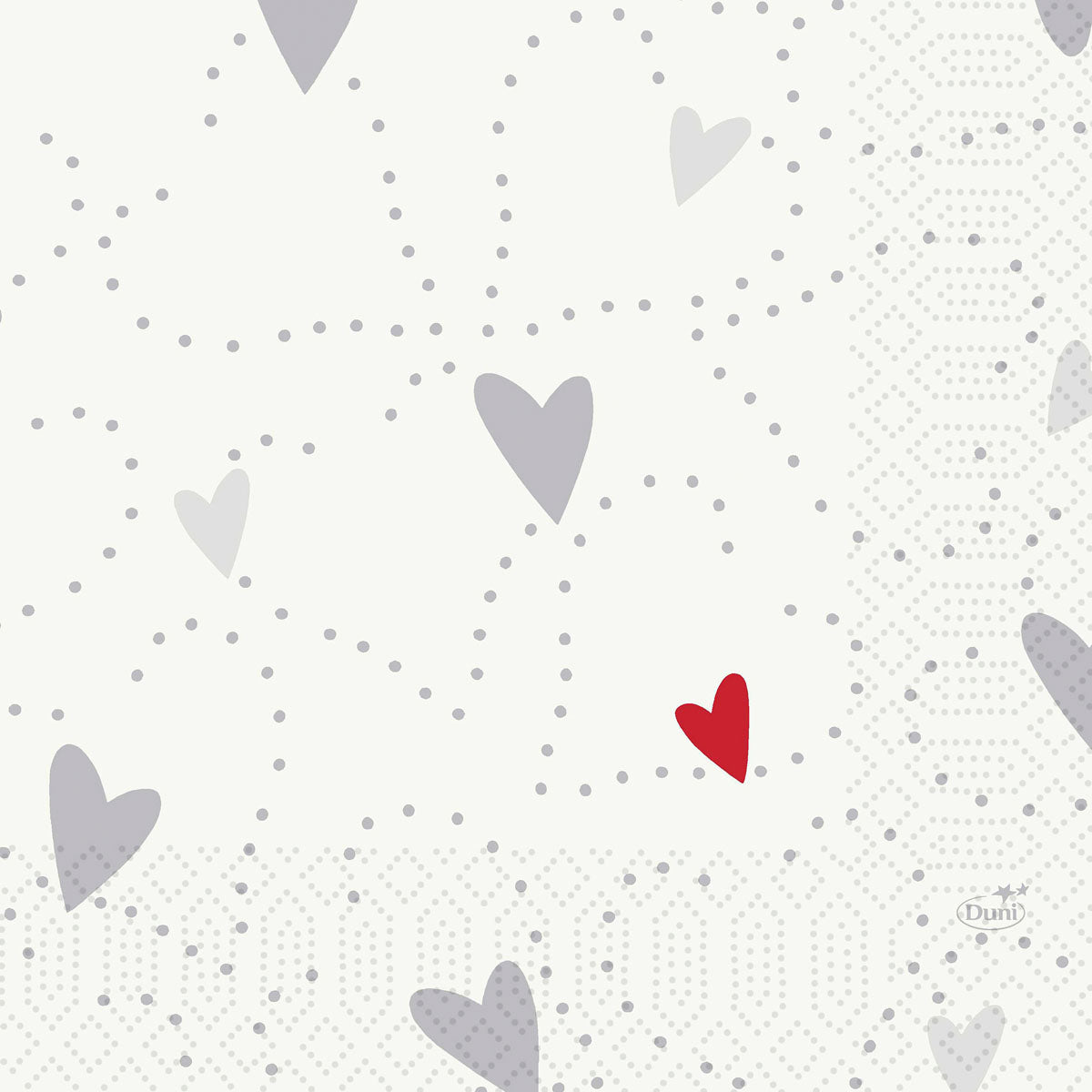A gray heart pattern with dotted lines and a striking red heart adorns the Duni GmbH tissue napkins 33 x 33 cm 3-ply 1/4 fold Love (50 pieces) - perfect for the romantically set table.