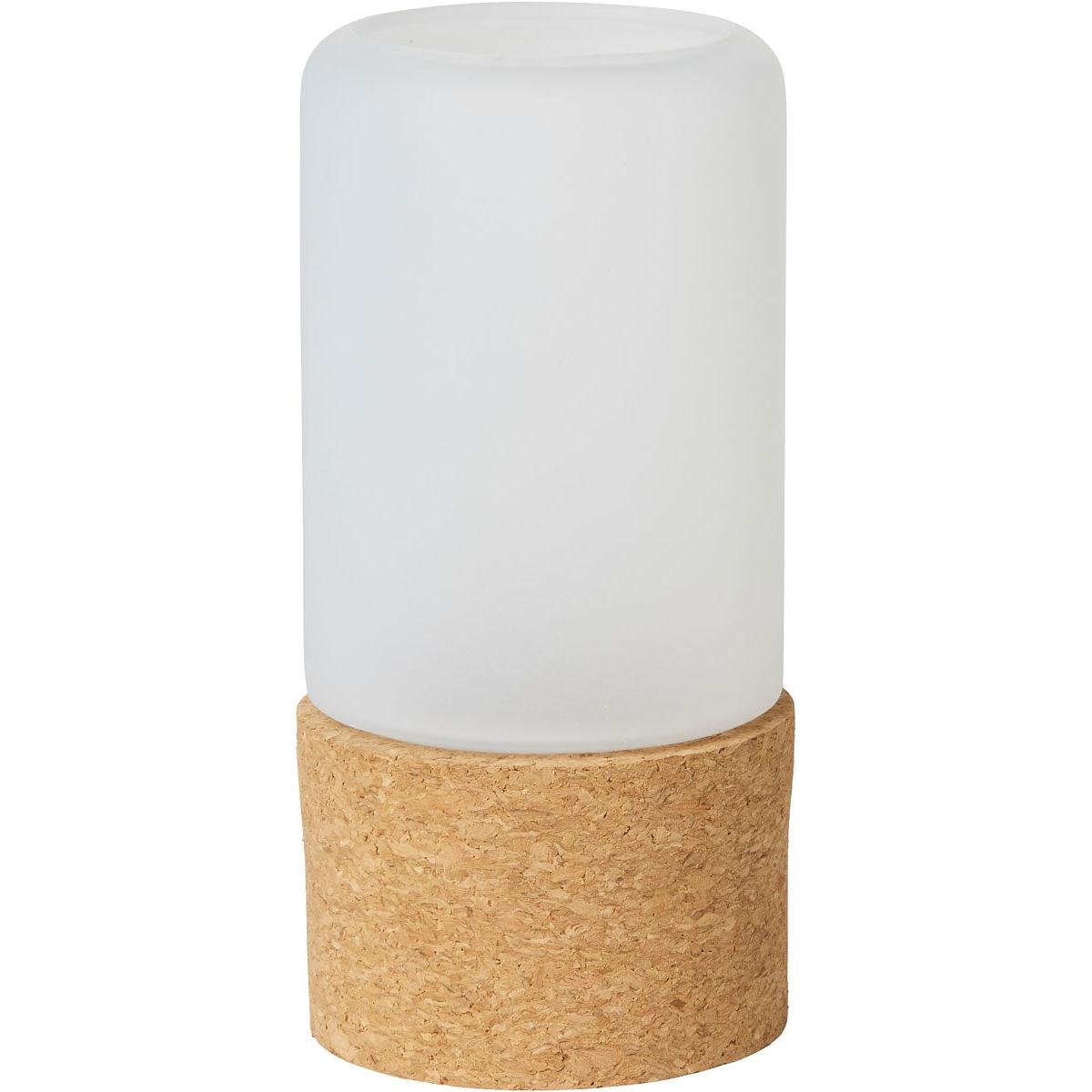 The Duni GmbH glass candle holder (140x70 mm) with an elegant design features a matte white top and cork base, harmoniously in brown-white tones, on a plain white background. The package contains 1 piece.