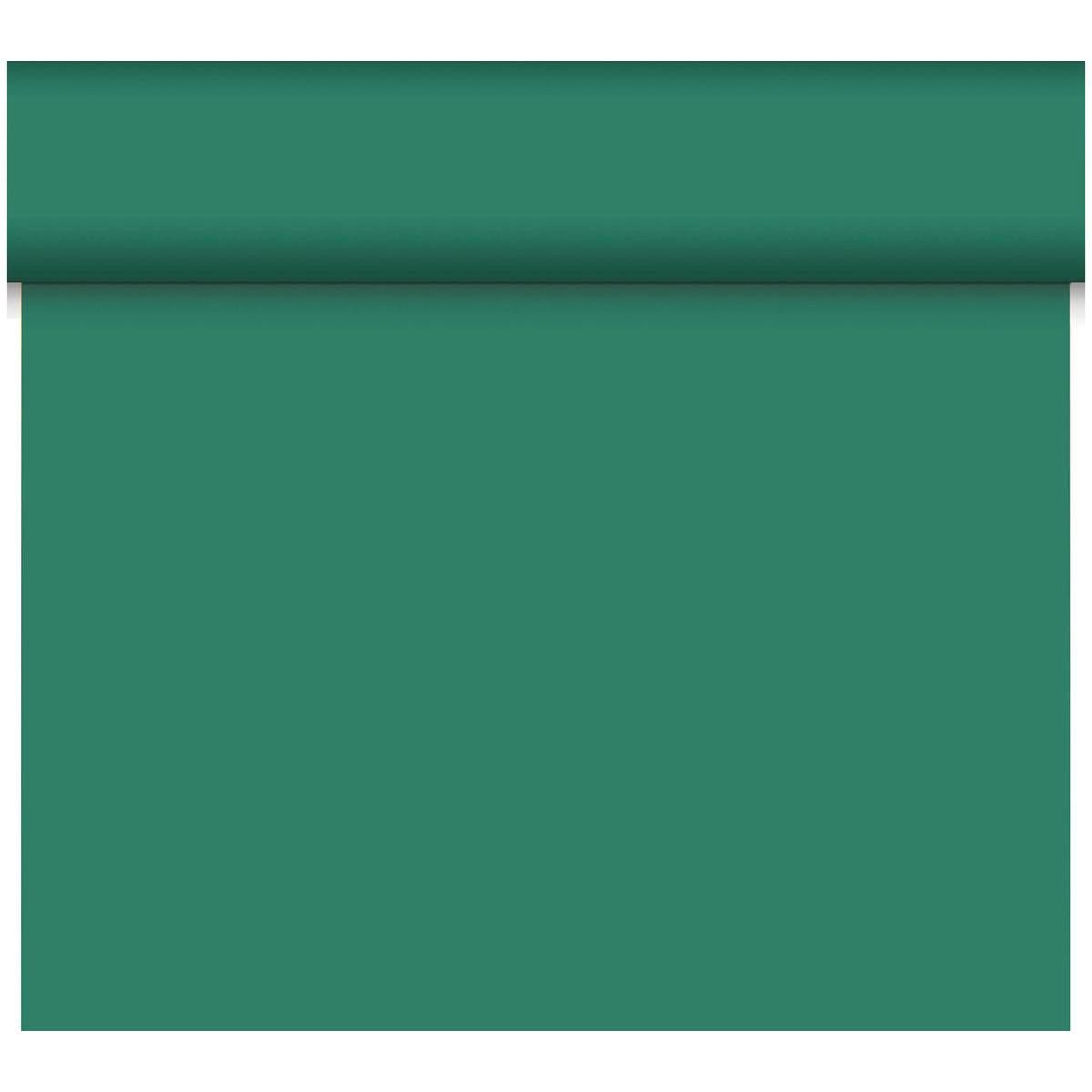 A partially unrolled Dunicel “Tête-à-Tête” table runner (24 m x 0.4 m, 20 sections) from Duni GmbH in solid teal green extends downward, making it perfect for table decoration or as a stylish table runner.