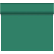 A partially unrolled Dunicel table runner Tête-à-Tête (24 m x 0.4 m, 20 sections) by Duni GmbH in solid teal green extends downward, making it perfect for table decoration or as a stylish table runner.