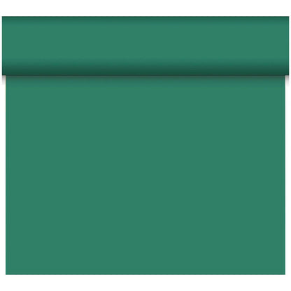 A partially unrolled Dunicel “Tête-à-Tête” table runner (24 m x 0.4 m, 20 sections) from Duni GmbH in solid teal green extends downward, making it perfect for table decoration or as a stylish table runner.