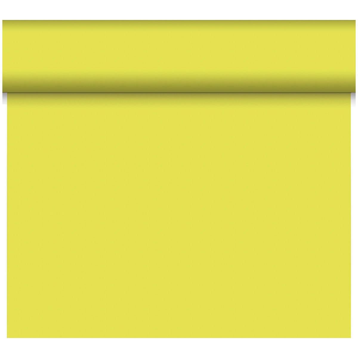 The Dunicel Tête-à-Tête table runner, measuring 24 m x 0.4 m (20 sections), from Duni GmbH features a solid light yellow, smooth, and unpatterned surface—ideal for a stylish table setting or a tête-à-tête.