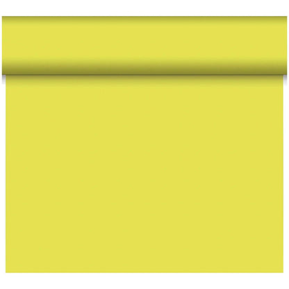 The Dunicel Tête-à-Tête table runner, measuring 24 m x 0.4 m (20 sections), from Duni GmbH features a solid light yellow, smooth, and unpatterned surface—ideal for a stylish table setting or a tête-à-tête.