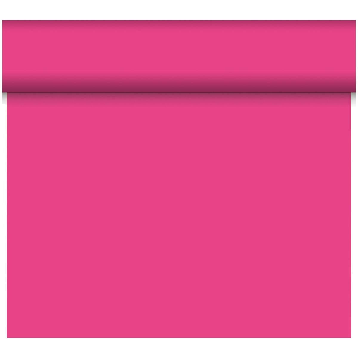 A partially unrolled Dunicel “Tête-à-Tête” table runner (24 m x 0.4 m, 20 sections) from Duni GmbH in bright pink casts a shadow along its top edge; its smooth surface is perfect for an elegant table setting.