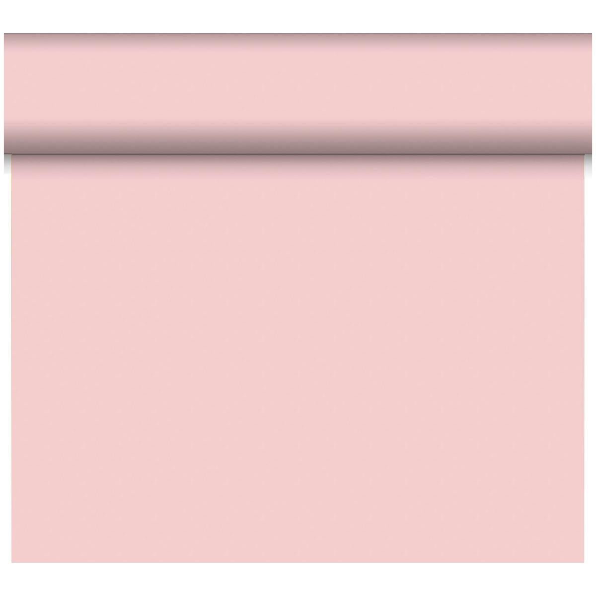 A roll of Dunicel “Tête-à-Tête” table runner (24 m x 0.4 m, 20 sections) from Duni GmbH is unrolled vertically, showcasing its soft pink surface as a stylish table decoration against a white background.