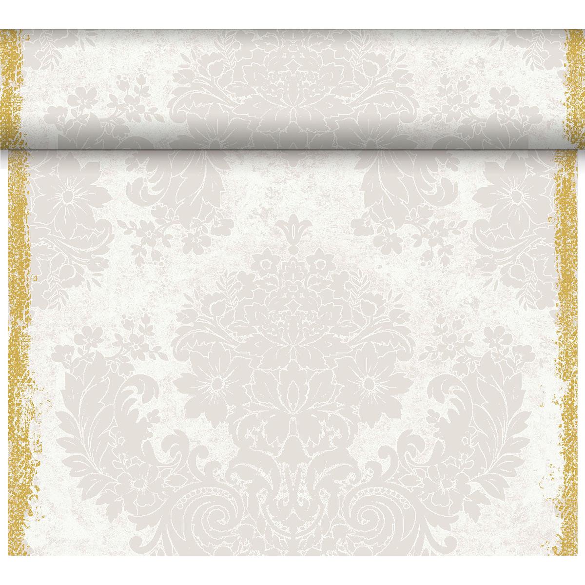 A roll of wallpaper featuring a light beige floral damask pattern with gold borders—perfect for a classic table setting or, when paired with the Dunicel “Tête-à-Tête” table runner (24 m × 0.4 m, Duni GmbH), for an elegant ambiance.
