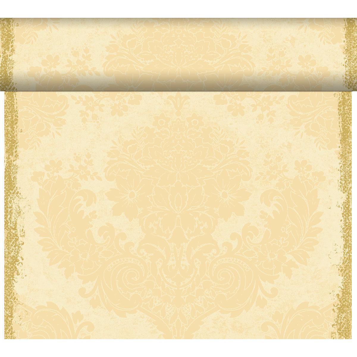 A roll of beige-and-gold floral damask wallpaper, partially unrolled—perfect for an inspiring table setting or, when paired with the Dunicel “Tête-à-Tête” table runner (24 m x 0.4 m, 20 sections) from Duni GmbH, for an elegant touch.