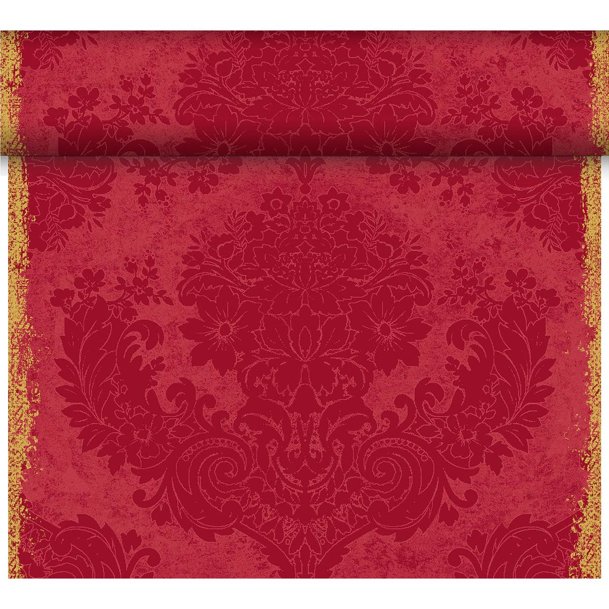 The Dunicel Tête-à-Tête table runner (24 m x 0.4 m, 20 sections) from Duni GmbH features a striking red-and-gold floral damask design with a distressed look—ideal for an elegant table setting or as a stylish addition to any setting.