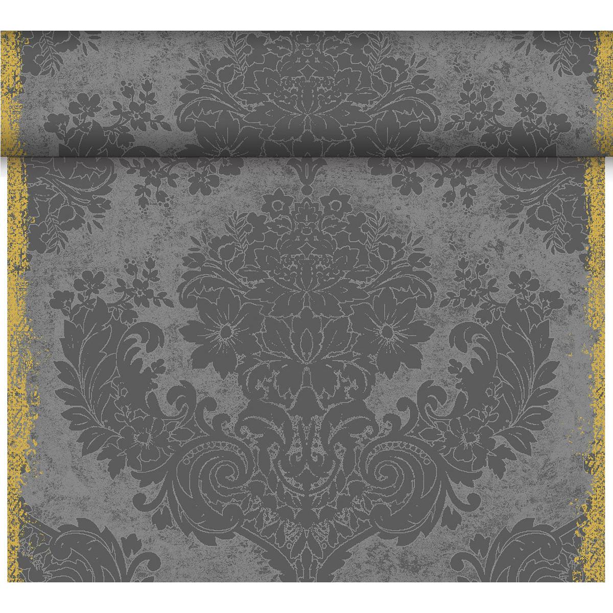 A close-up of the ornate, floral damask wallpaper in dark gray, which reflects the elegant style of the Dunicel Tête-à-Tête table runner (24 m x 0.4 m, 20 sections) by Duni GmbH, featuring distressed textures and worn gold edges—ideal for table decor.