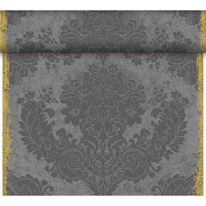 A close-up of the ornate, floral damask wallpaper in dark gray, which reflects the elegant style of the Dunicel Tête-à-Tête table runner (24 m x 0.4 m, 20 sections) by Duni GmbH, featuring distressed textures and worn gold edges—ideal for table decor.