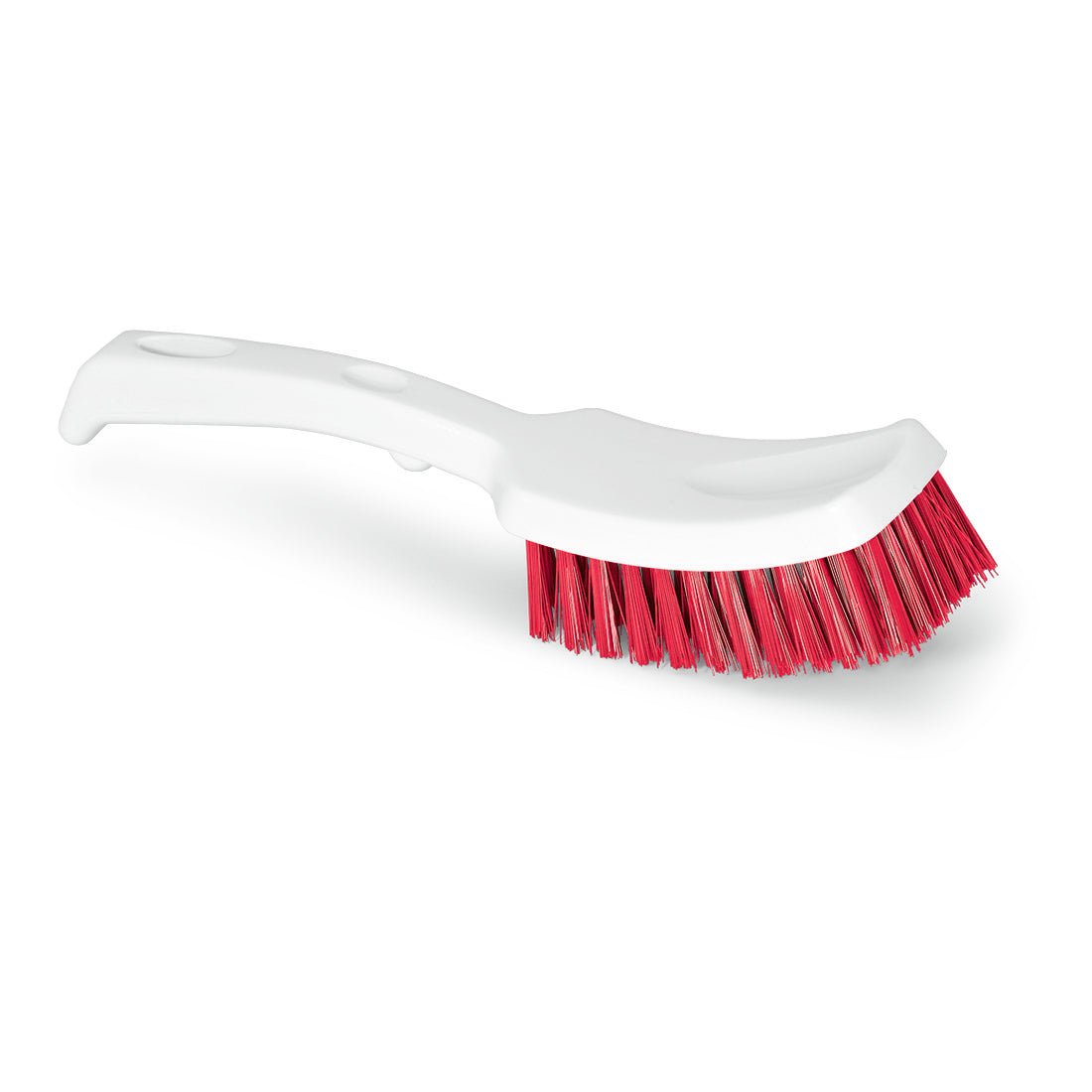 The Nölle Profi Brush HACCP short handle brush (25 cm) with 0.5 mm hard bristles in red from Nölle Profi Brush Bürsten- & Pinseltechnik e.K. is a white plastic cleaning brush with a curved handle, ideal for hygienic applications. Pictured on white.