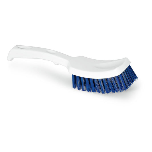 The Nölle Profi Brush HACCP short handle brush 25 cm with 0.5 mm hard bristles from Nölle Profi Brush Bürsten- & Pinseltechnik e.K. is a white plastic brush with blue hard bristles and a curved handle, perfect for professional hygiene requirements.