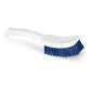 The Nölle Profi Brush HACCP short handle brush 25 cm with 0.5 mm hard bristles from Nölle Profi Brush Bürsten- & Pinseltechnik e.K. is a white plastic brush with blue hard bristles and a curved handle, perfect for professional hygiene requirements.