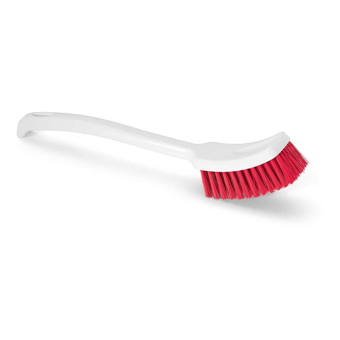 The Nölle Profi Brush HACCP long handle brush 40 cm with 0.5 mm hard bristles from Nölle Profi Brush Bürsten- & Pinseltechnik e.K. is ideal for professional cleaning; depicted with a curved handle and red bristles on a white background.