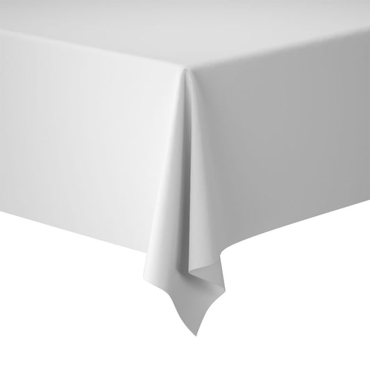 A simple, white, rectangular table, draped with a smooth Duni GmbH Evolin tablecloth roll 1.20 m x 20 m, hangs evenly over the edge, shown against a white background - perfect for an elegant table decoration.