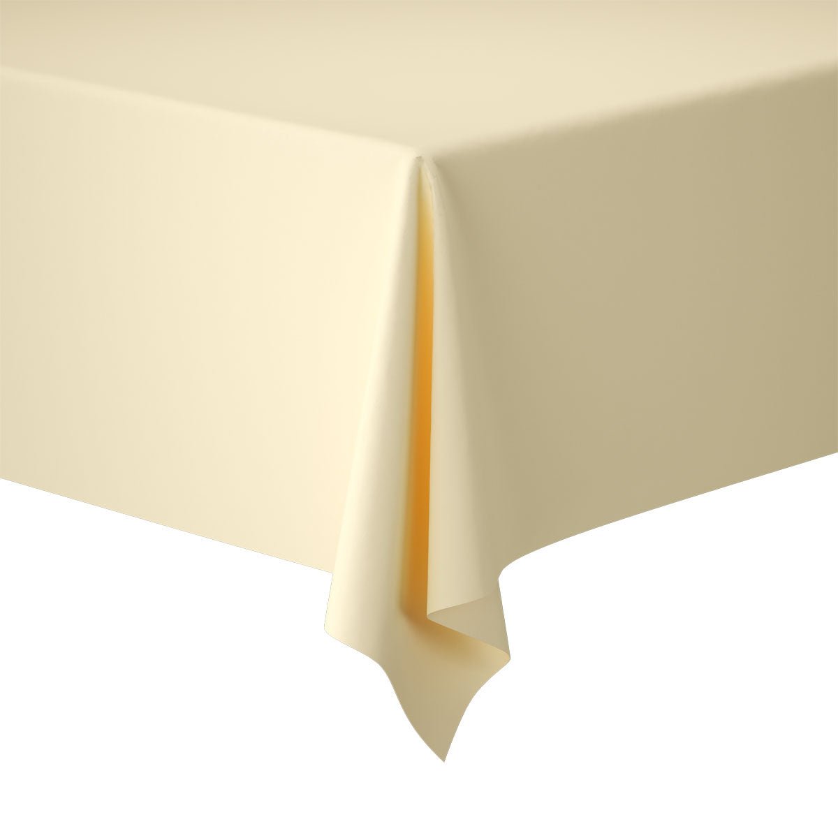 A rectangular table is draped with a Duni GmbH Evolin tablecloth roll 1.20 m x 20 m in light beige, viewed from the corner with hanging fabric, against a plain white background - ideal for a stylish table decoration.