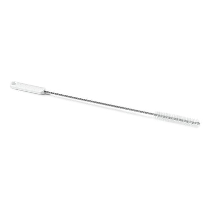 The Nölle Profi Brush HACCP Twisted Brush from Nölle Profi Brush Bürsten- & Pinseltechnik e.K. is characterized by 0.5 mm hard white bristles, a white plastic handle, and a twisted metal rod on a white base.