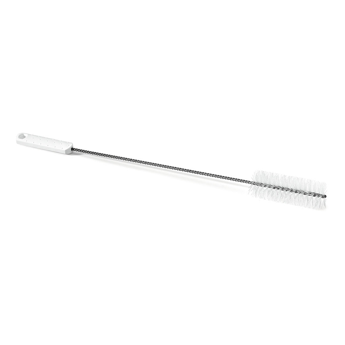 The Nölle Profi Brush HACCP Twisted Brush from Nölle Profi Brush Bürsten- & Pinseltechnik e.K. features a white handle, a twisted metal rod, and 0.5 mm hard bristles for cleaning bottles or narrow containers.