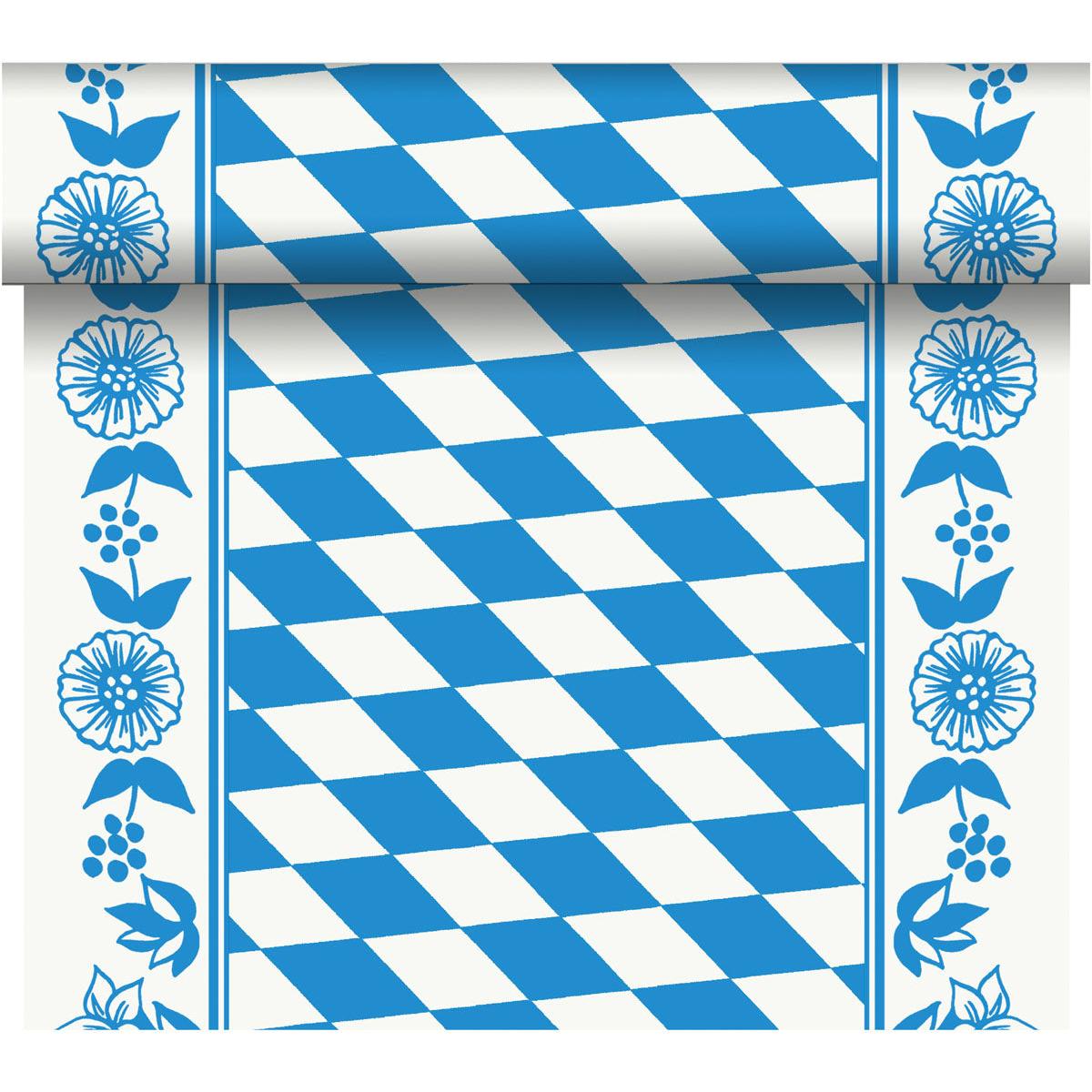 The Dunicel "Tête-à-Tête" table runner (24 m x 0.4 m, 20 sections) from Duni GmbH features a blue-and-white diamond pattern with floral borders and a rolled edge for an elegant table setting.