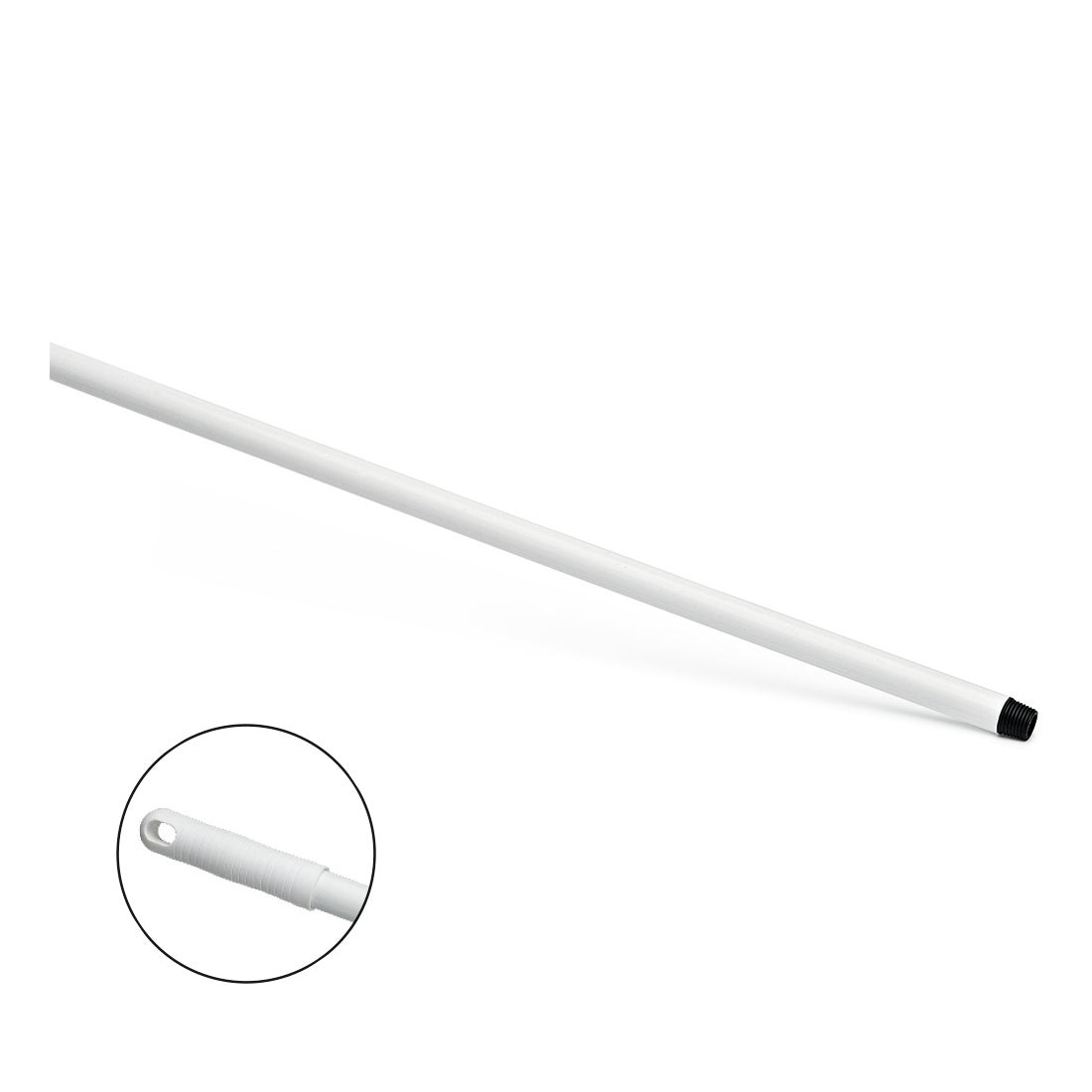 The Nölle Profi Brush HACCP fiberglass handle 150 cm from Nölle Profi Brush Bürsten- & Pinseltechnik e.K. is depicted at an angle on a white background and features a thread, a textured grip, and a hanging hole highlighted by a circle.