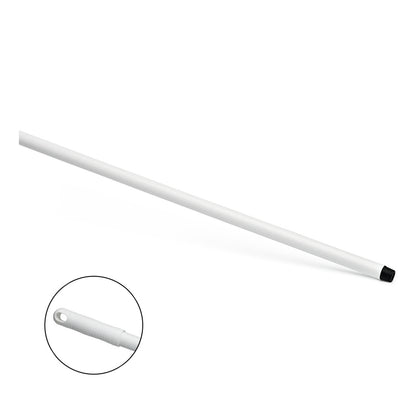 The Nölle Profi Brush HACCP fiberglass handle 150 cm from Nölle Profi Brush Bürsten- & Pinseltechnik e.K. is depicted at an angle on a white background and features a thread, a textured grip, and a hanging hole highlighted by a circle.